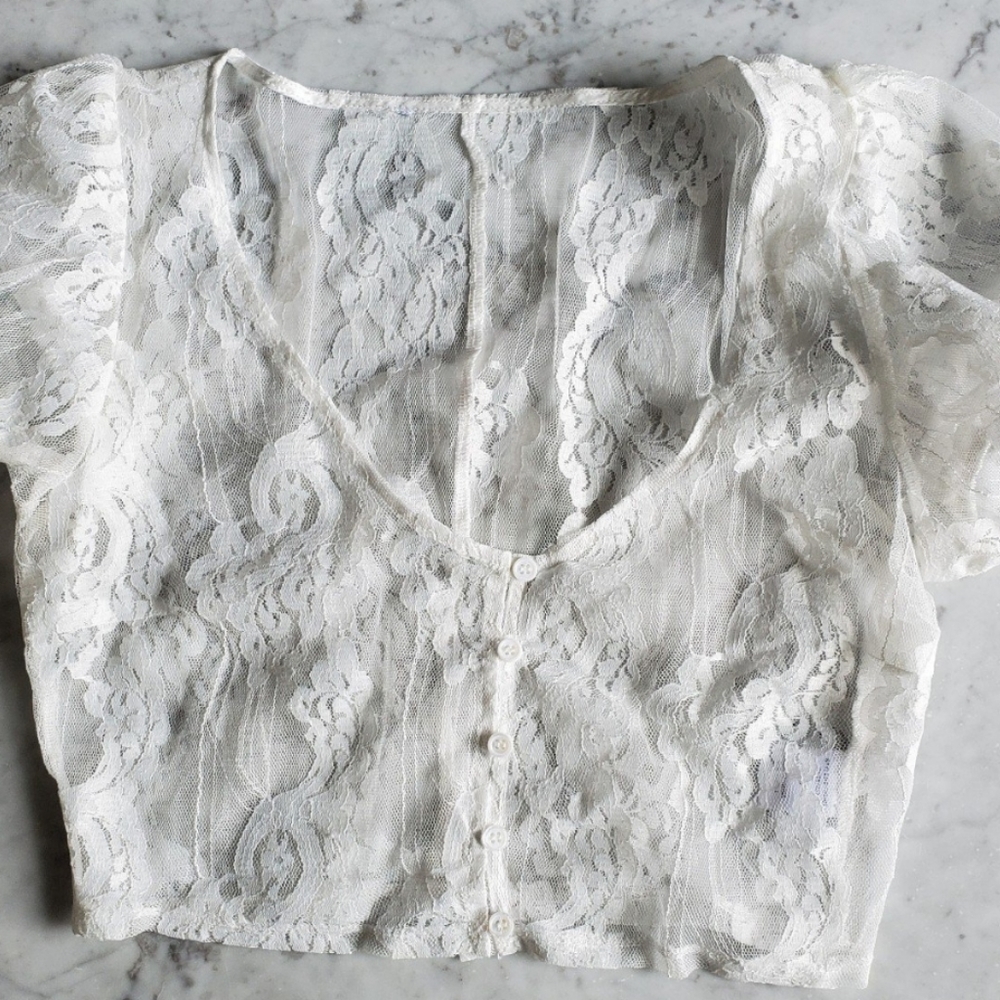 White Lace Button Up Crop Top